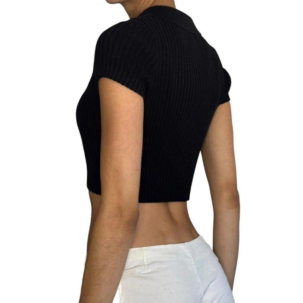 Rare Brandy Melville BLACK Bridget Crop Knit Polo collared y2K short sleeve Top - Picture 3 of 8